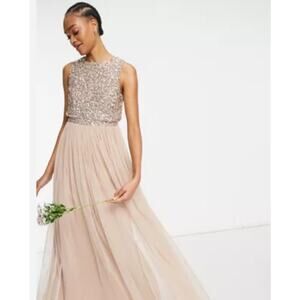 NWT Maya Deluxe Taupe Sequin Sleeveless‎ Pop Over Tulle Maxi Dress Size 8